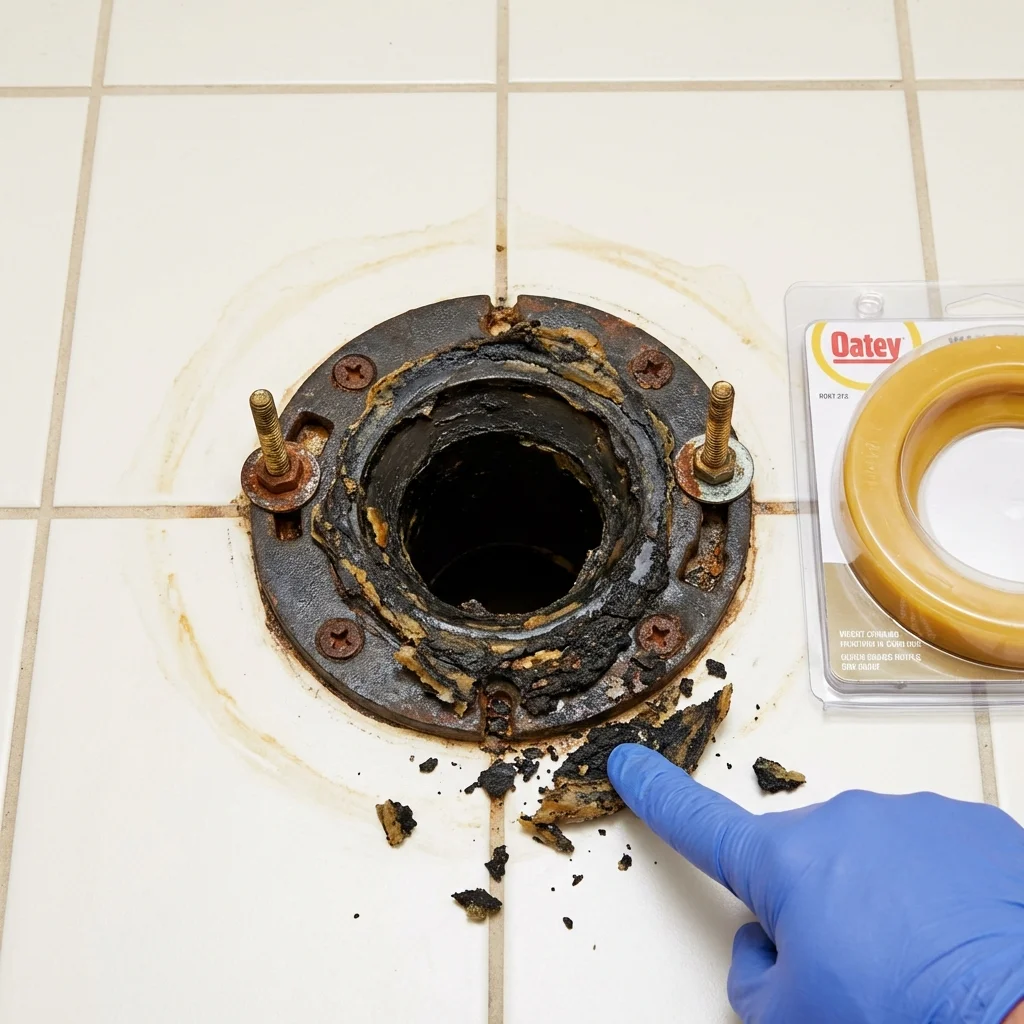 Failed wax ring showing water seepage at the base of a toilet in a Three Rivers, MI home
