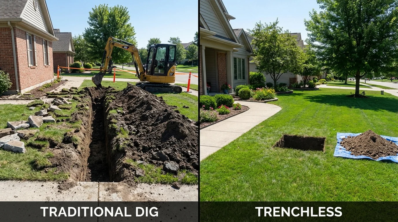 Trenchless sewer repair with minimal yard damage versus traditional excavation in Three Rivers, MI