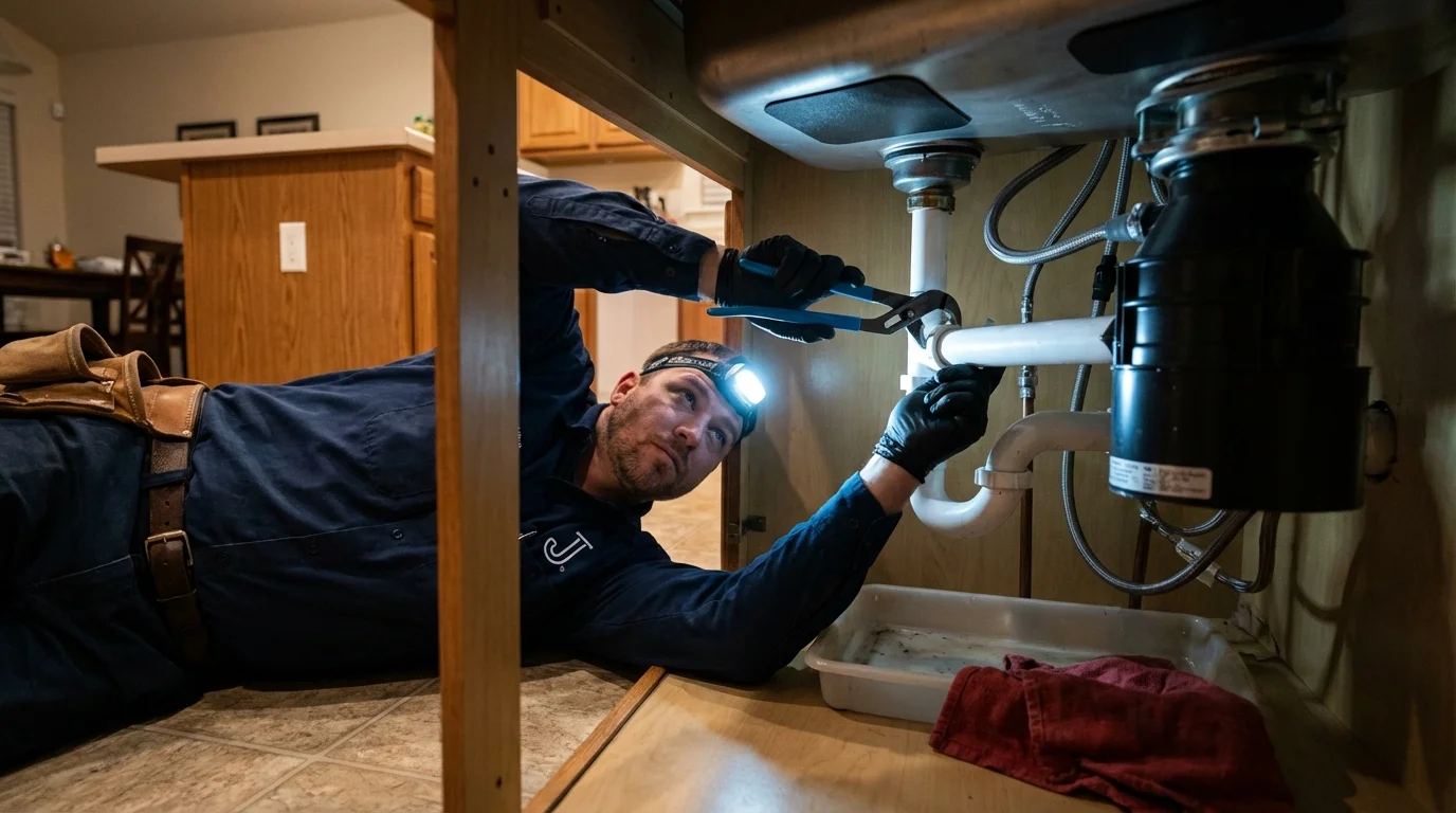 P-trap and supply line connections under a kitchen sink showing a common leak point in Three Rivers, MI